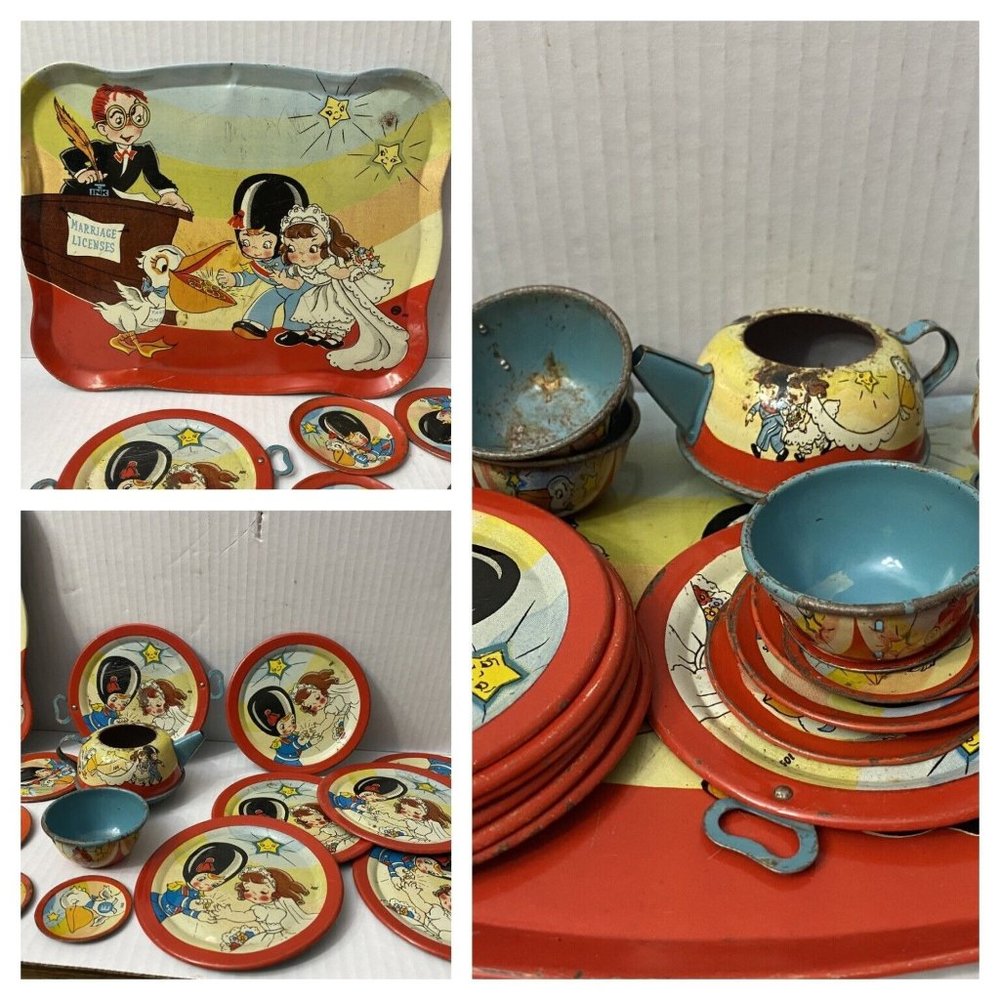 1940-50s Ohio Art, #105 The Wedding, Soldier & Bride 22 pc‎ Childs Tin Tea Set